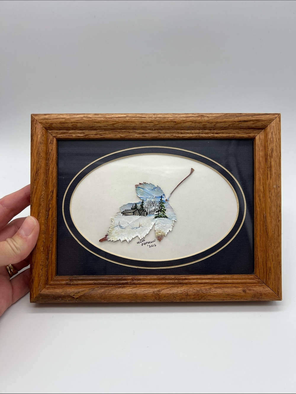 Hand-Painted White Leaf Wall Art in Brown Frame Signed